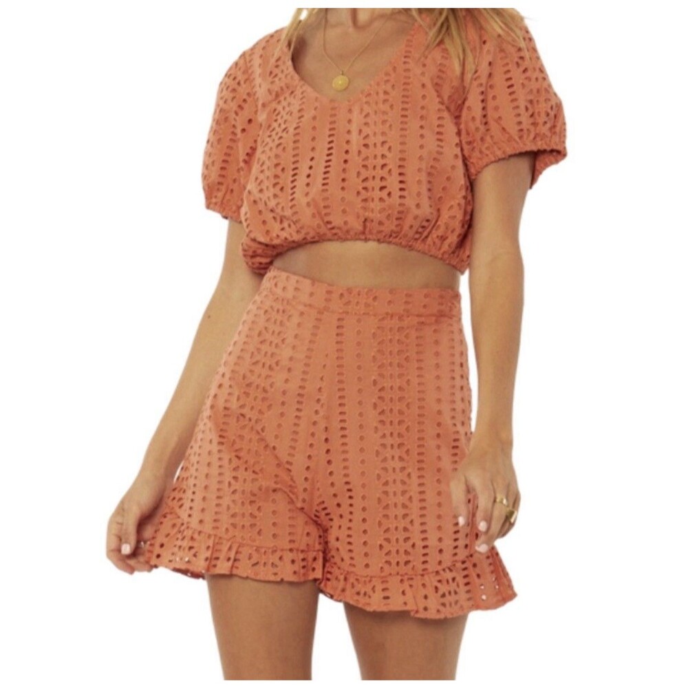 Amuse Society Women Cropped Blouse Top Orange Eyelet Short Puffy Sleeve Size XS